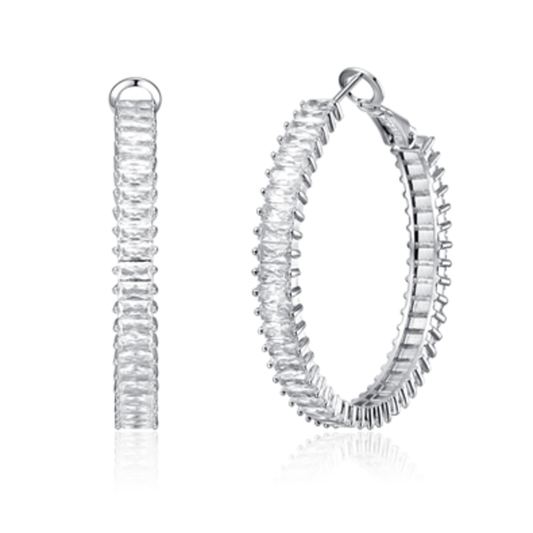 CZ RHODIUM LEVERBACK HOOP EARRINGS, CLEAR