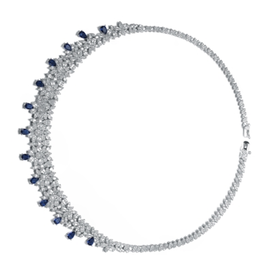 CZ RHODIUM BLUE STATEMENT NECKLACE, BLUE, 16"