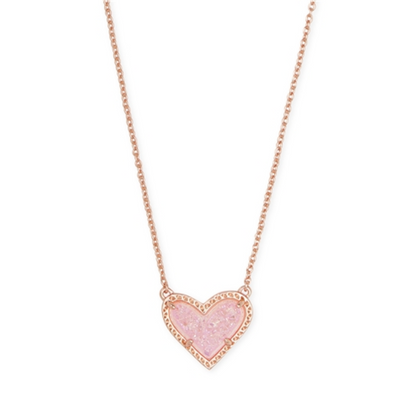 ARI HEART SHORT PENDANT NECKLACE, ROSE GOLD PINK DRUSY