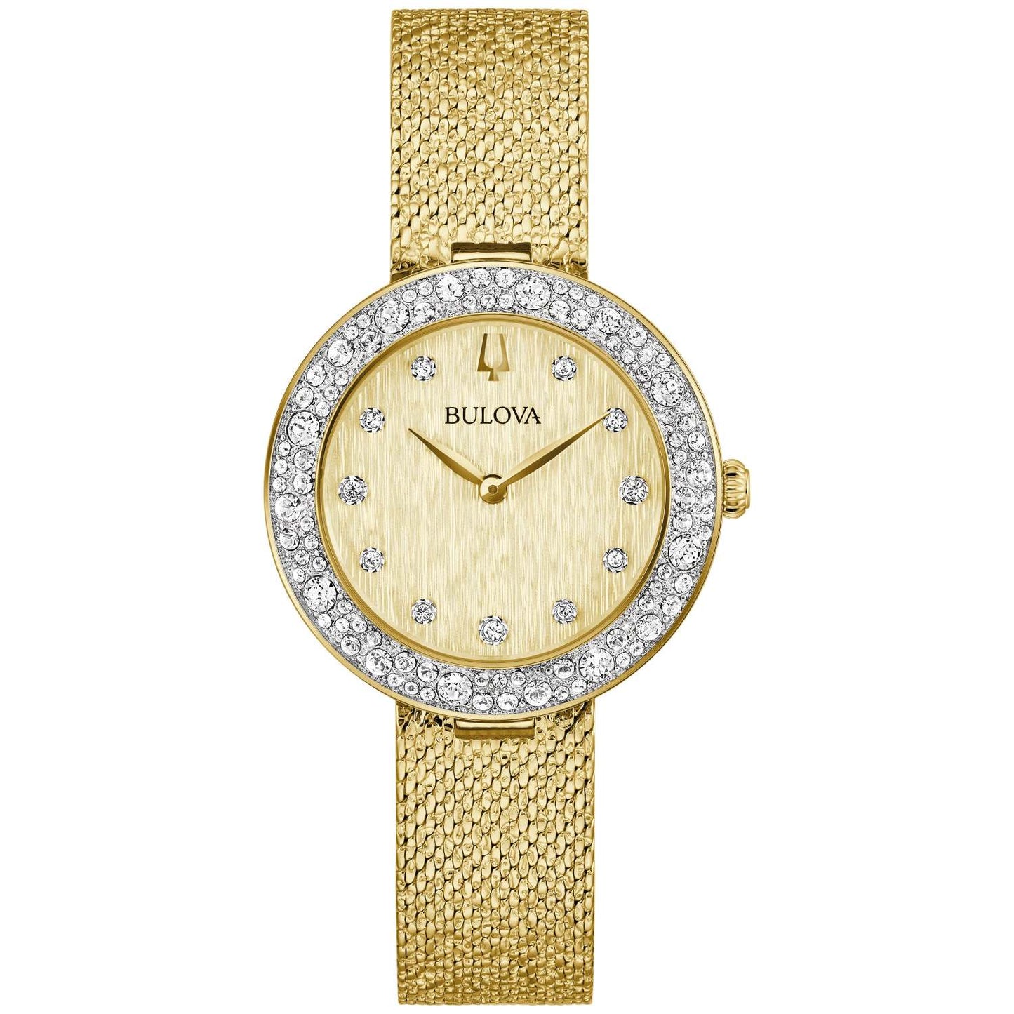 LADIES' CHAMPAGNE CRYSTAL GOLD-TONE MESH STRAP WATCH, GOLD DIAL