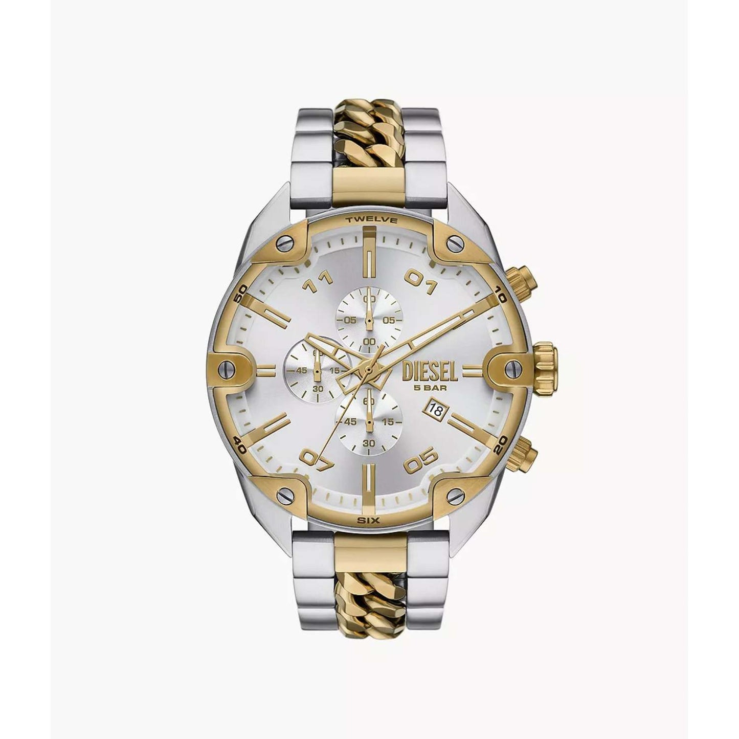 MENS SPIKED CHRONOGRAPH TWO-TONE STAINLESS STEEL WATCH SILVER DIAL