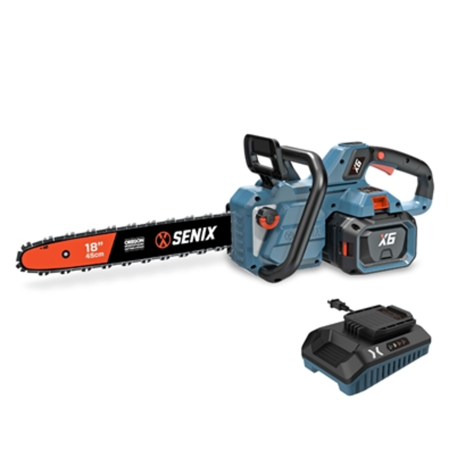 60V 18IN CHAINSAW W/ BATTERY AND CHARGER, BLUE, 18"