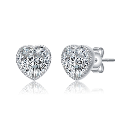 CZ RHODIUM HEART STUD EARRINGS, CLEAR