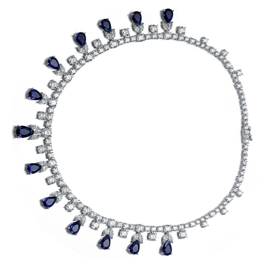 RHODIUM CZ BLUE TENNIS NECKLACE, BLUE, 16"