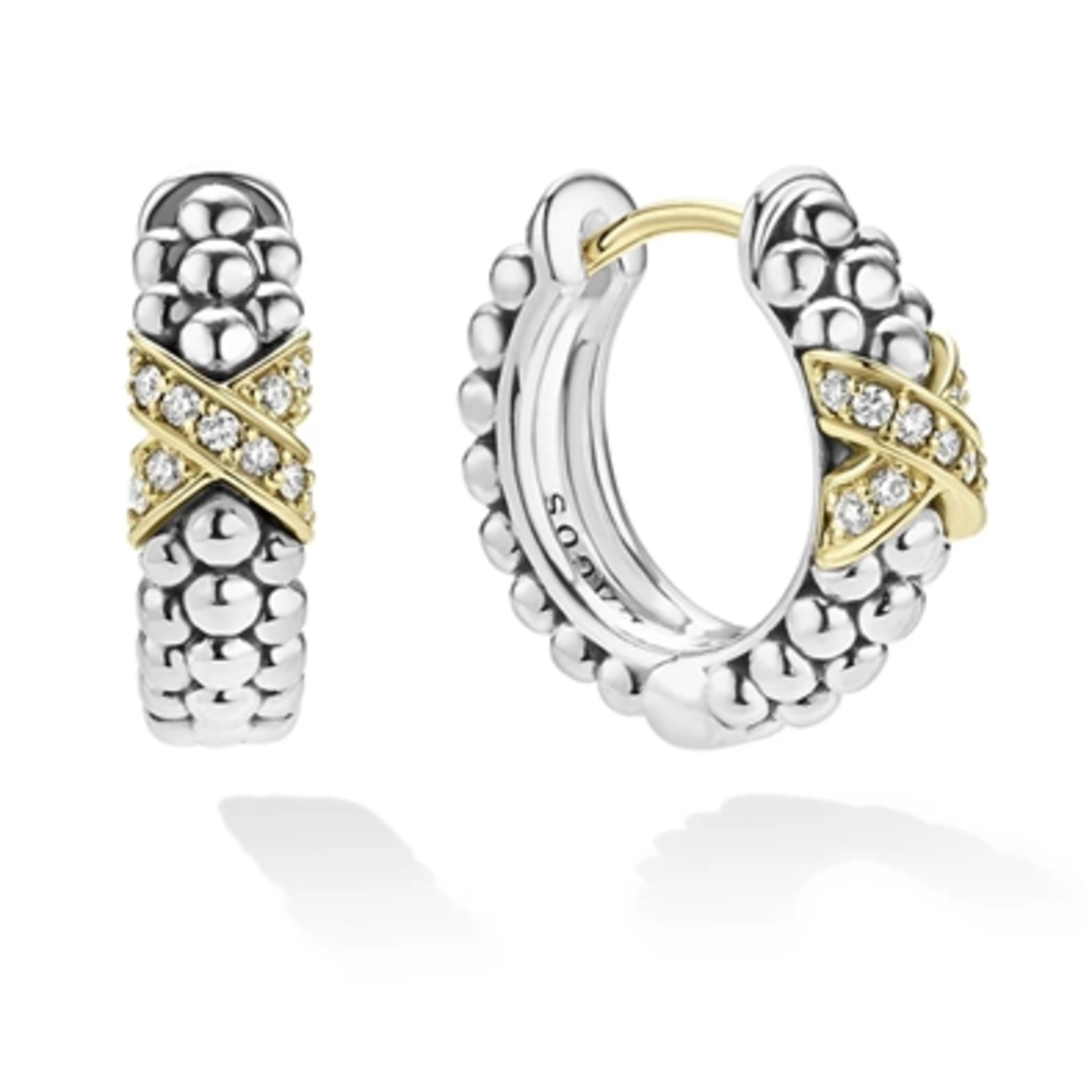 TWO-TONE DIAMOND HUGGIE EARRINGS, 5MM X 16MM