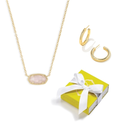 ELISA NECKLACE AND COLETTE EARRINGS SET, GOLD/ROSE QUARTZ