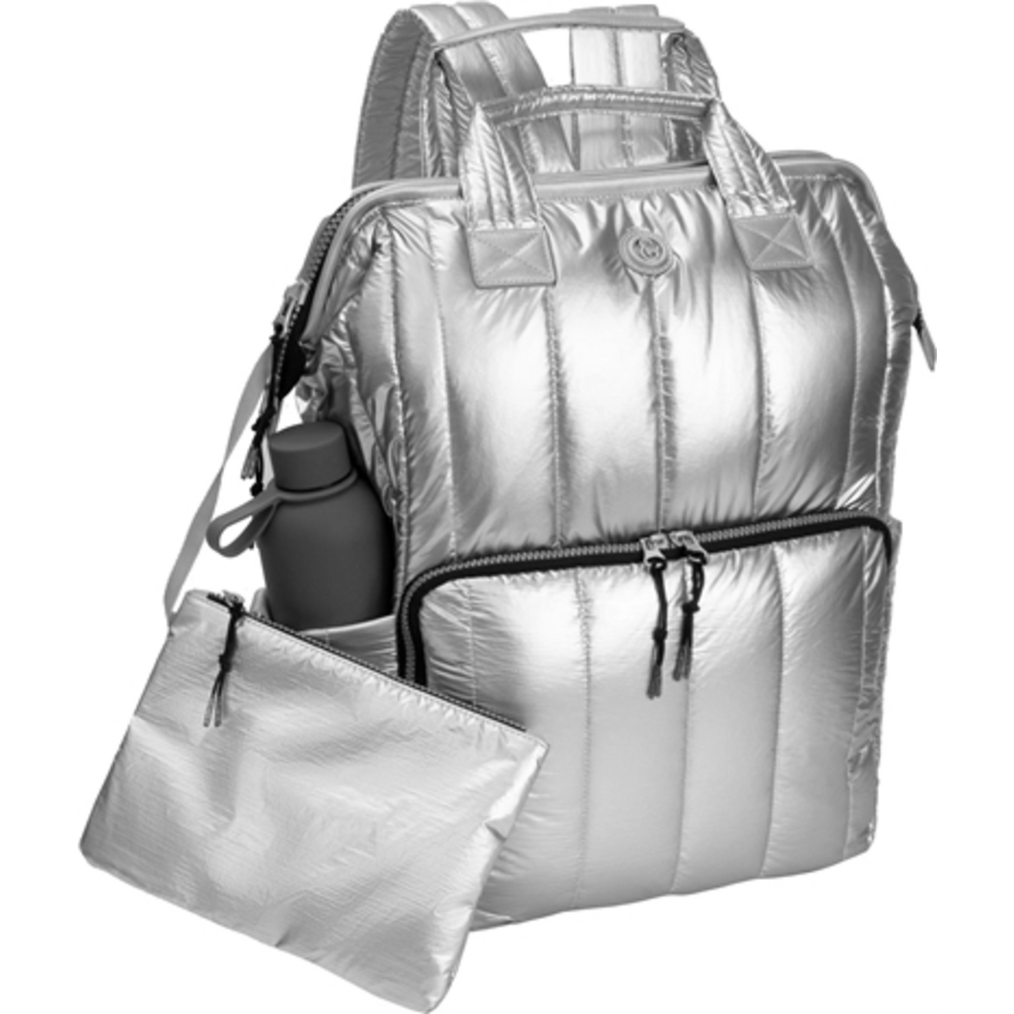 METALLIC QUILTED BACKPACK, CHROME, 18"