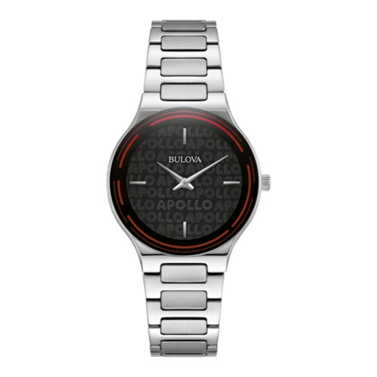 LADIES' APOLLO SILVER-TONE STAINLESS STEEL WATCH, BLACK MARQUEE DIAL