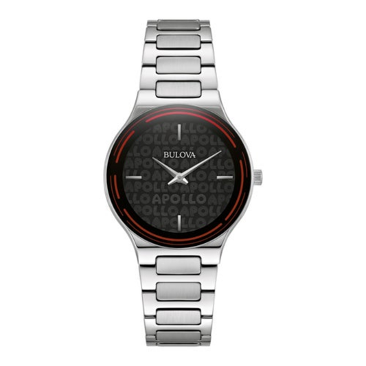 LADIES' APOLLO SILVER-TONE STAINLESS STEEL WATCH, BLACK MARQUEE DIAL