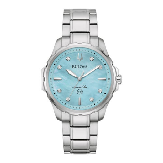 LADIES' MARINE STAR DIAMOND SILVER-TONE STAINLESS STEEL WATCH, BLUE MOP DIAL