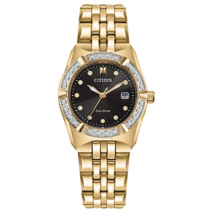 LADIES' CORSO DIAMOND ECO-DRIVE GOLD-TONE STAINLESS STEEL WATCH, BLACK DIAL