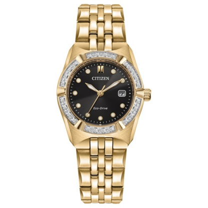 LADIES' CORSO DIAMOND ECO-DRIVE GOLD-TONE STAINLESS STEEL WATCH, BLACK DIAL