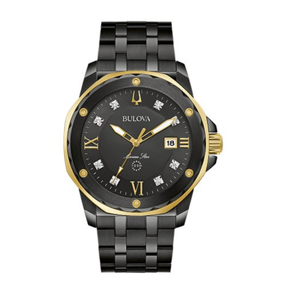 MEN'S MARINE STAR BLACK ION-PLATED STAINLESS STEEL DIAMOND WATCH, BLACK DIAL