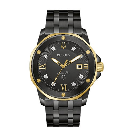 MEN'S MARINE STAR BLACK ION-PLATED STAINLESS STEEL DIAMOND WATCH, BLACK DIAL