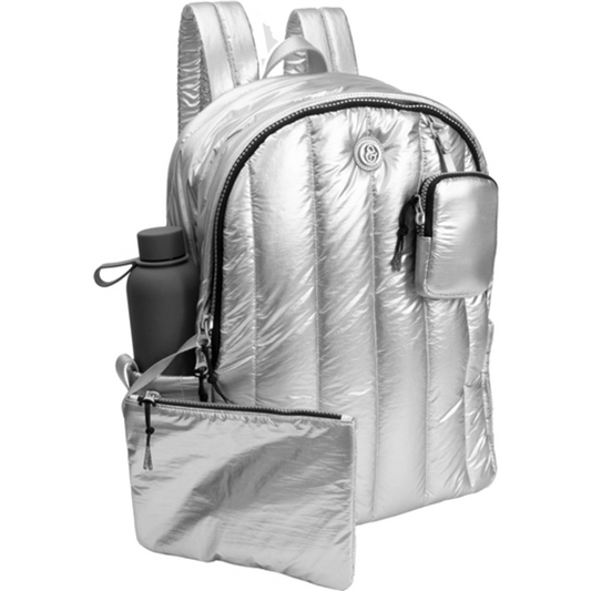 METALLIC QUILTED BACKPACK, CHROME, 18"